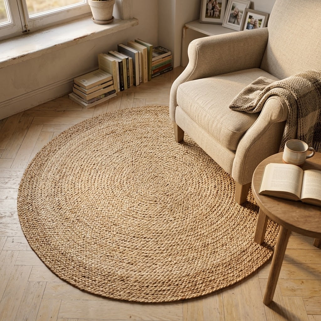 Tapis rond en jonc d'eau tressé à la main