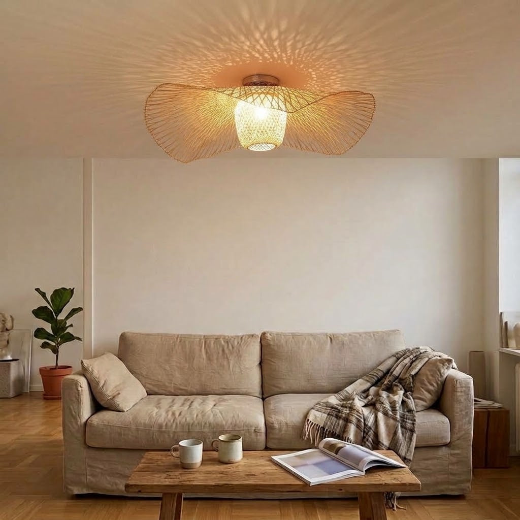 Grande suspension en bambou tressé wabi-sabi