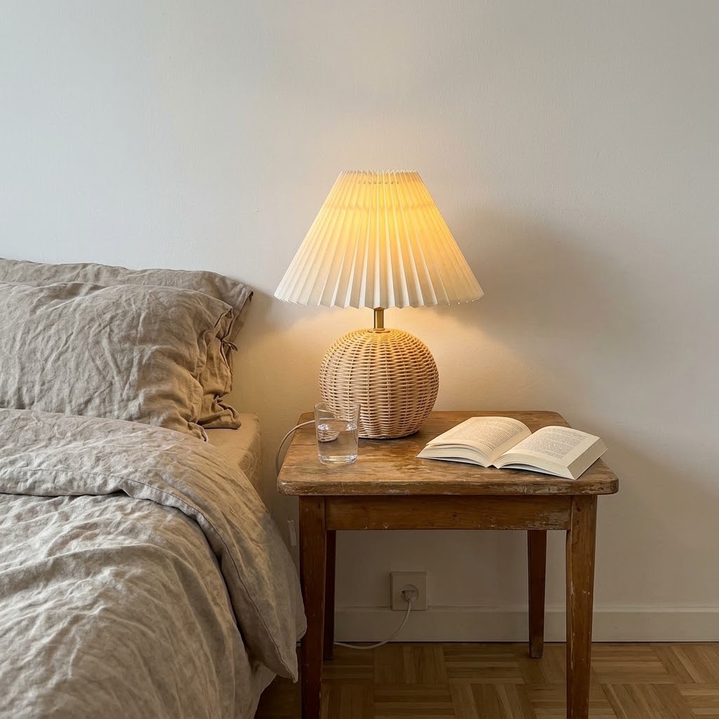 Lampe de chevet boule en rotin tressé et abat-jour plissé