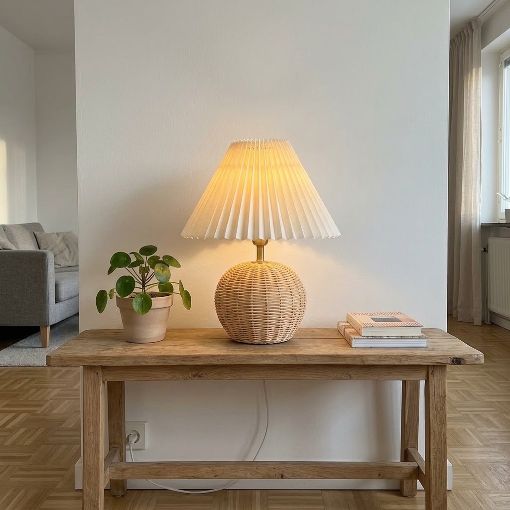 Lampe de chevet boule en rotin tressé et abat-jour plissé