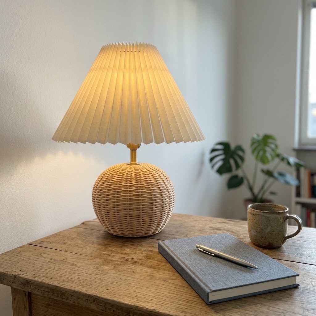 Lampe de chevet boule en rotin tressé et abat-jour plissé