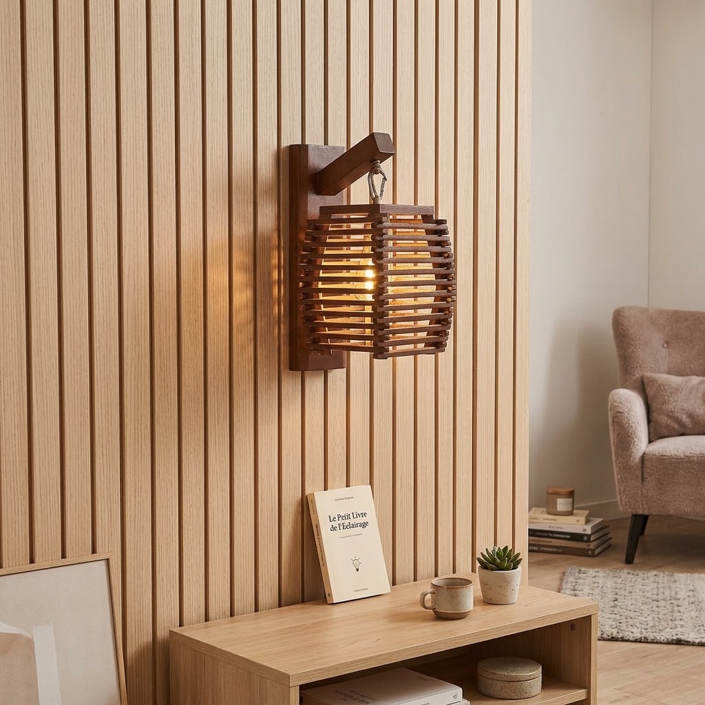Applique murale en bois et rotin tressé