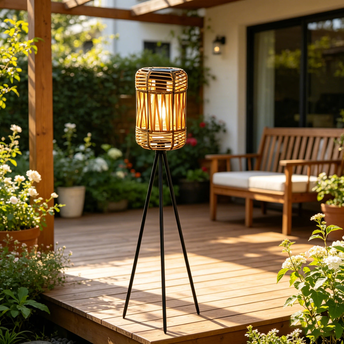 Lampe boule solaire en rotin tressé fait main