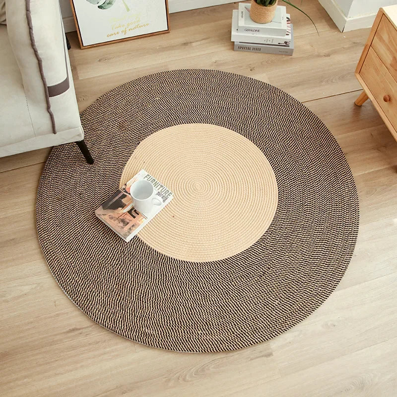 Tapis rond tressé à franges aspect jute