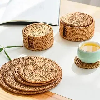 Lot de 6 sous-verres en rotin tressé avec panier de rangement