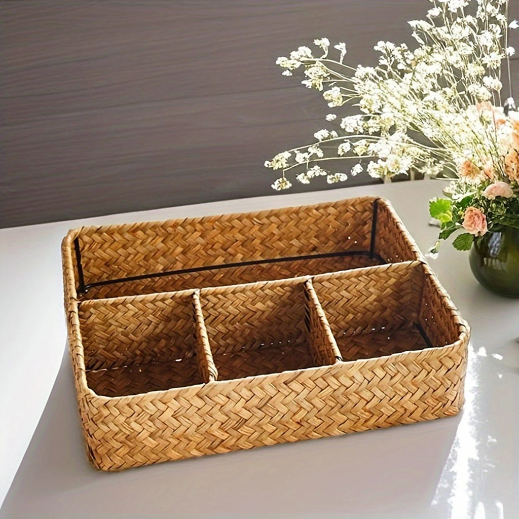 Panier de rangement en jonc de mer tressé à 4 compartiments