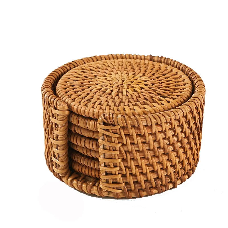 Lot de 6 sous-verres en rotin tressé avec panier de rangement