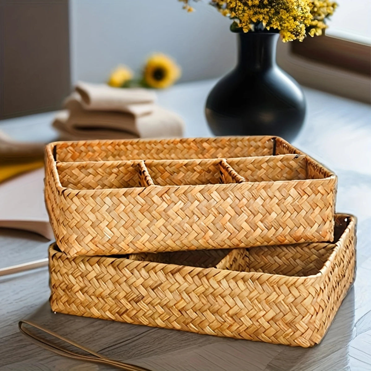 Panier de rangement en jonc de mer tressé à 4 compartiments