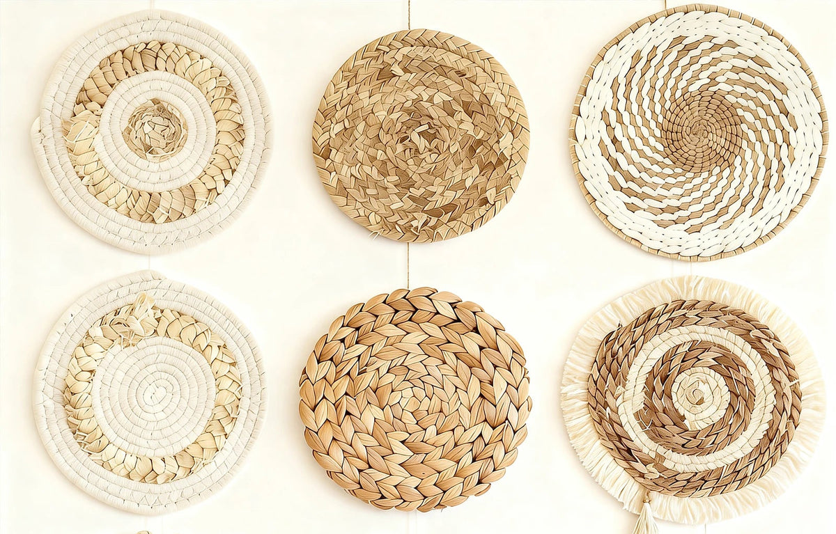 Composition murale de onze corbeilles en fibres tressées
