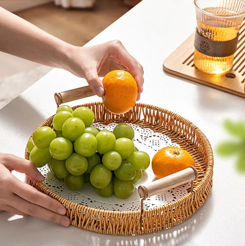 Corbeille à fruits et à pain en rotin tressé à deux anses
