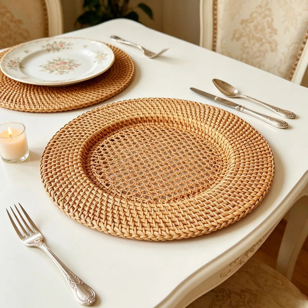 Plateau rond en rotin tressé ajouré 33 cm