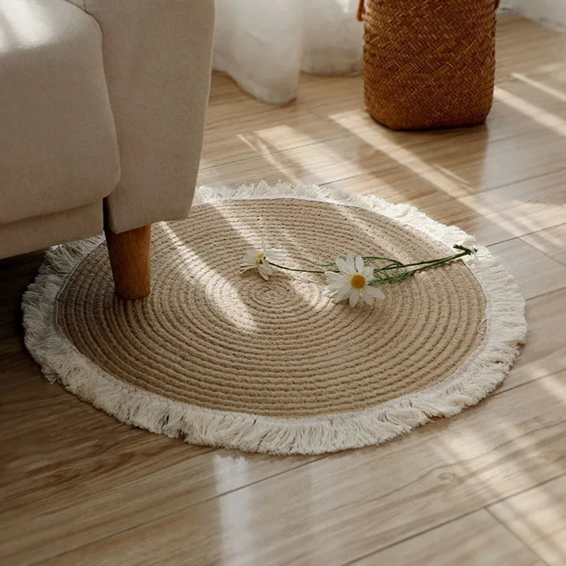 Tapis rond tressé à franges aspect jute
