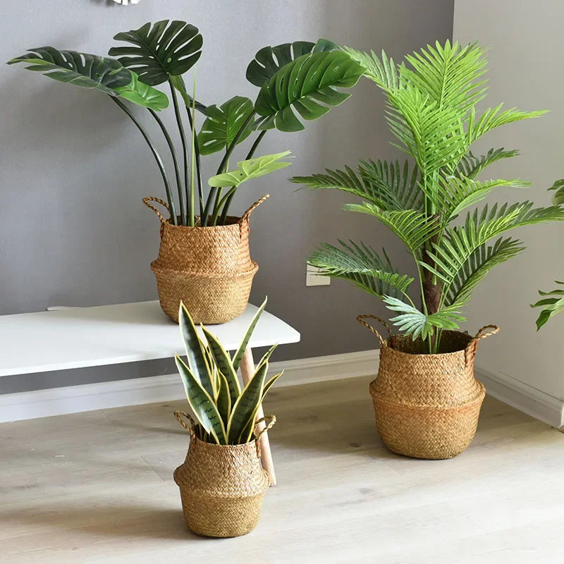 Panier en jonc de mer tressé utilisé comme cache-pot