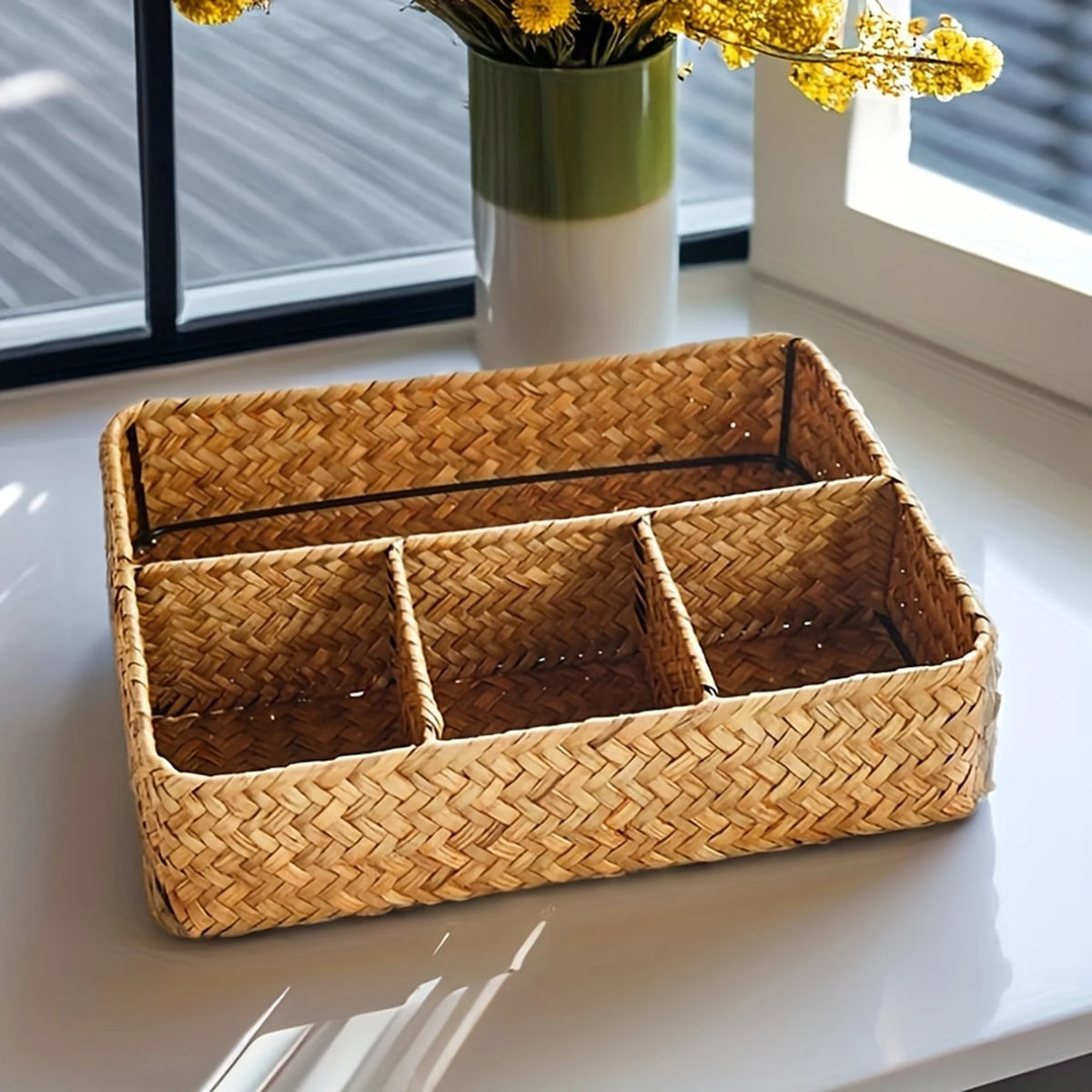 Panier de rangement en jonc de mer tressé à 4 compartiments