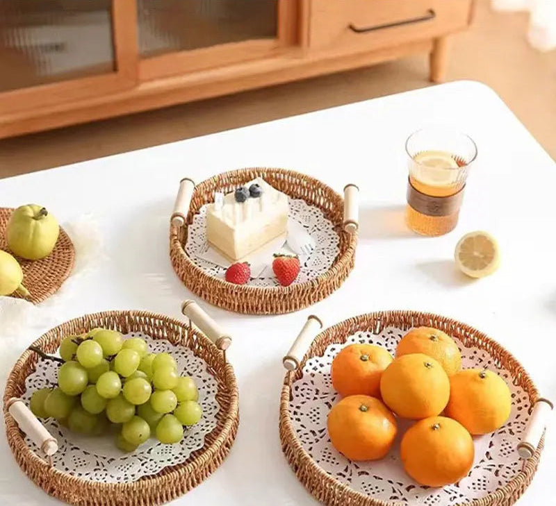 Corbeille à fruits et à pain en rotin tressé à deux anses