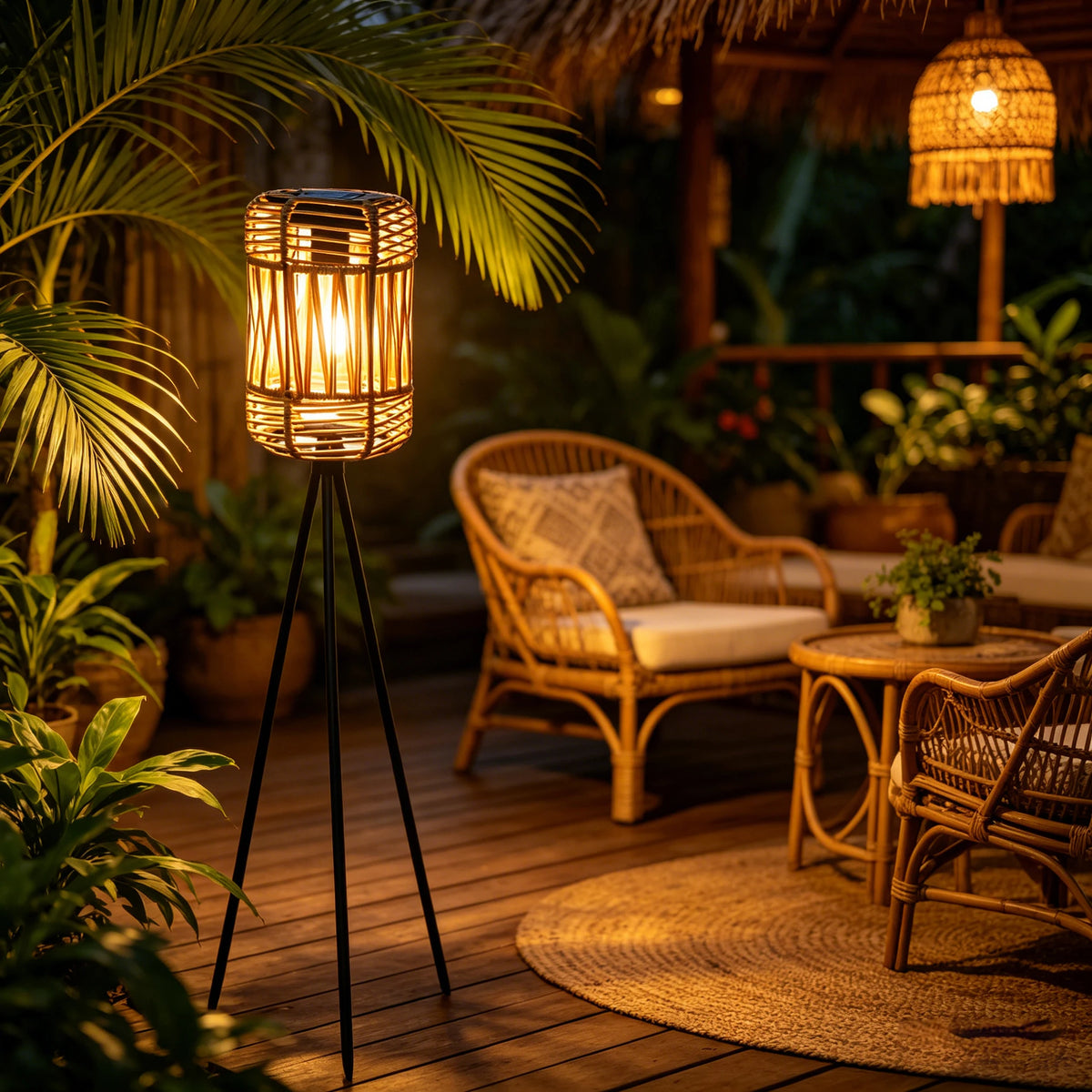 Lampe boule solaire en rotin tressé fait main