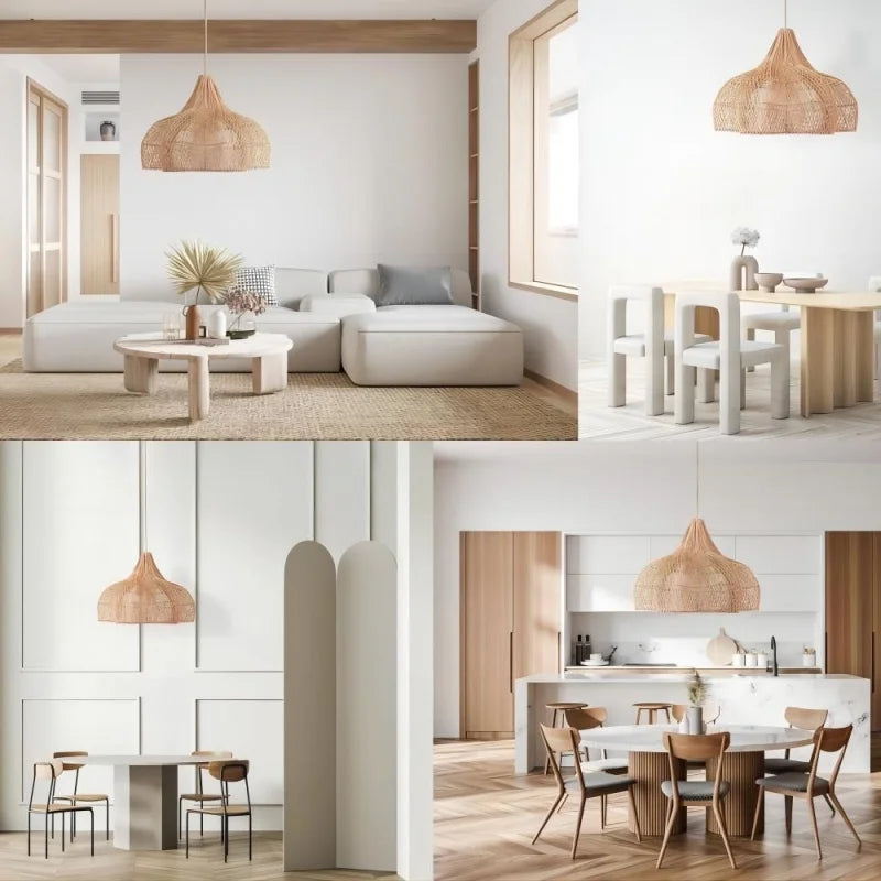Grand lustre en bambou tressé à 3 lumières
