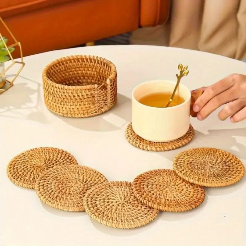Lot de 6 sous-verres en rotin tressé avec panier de rangement