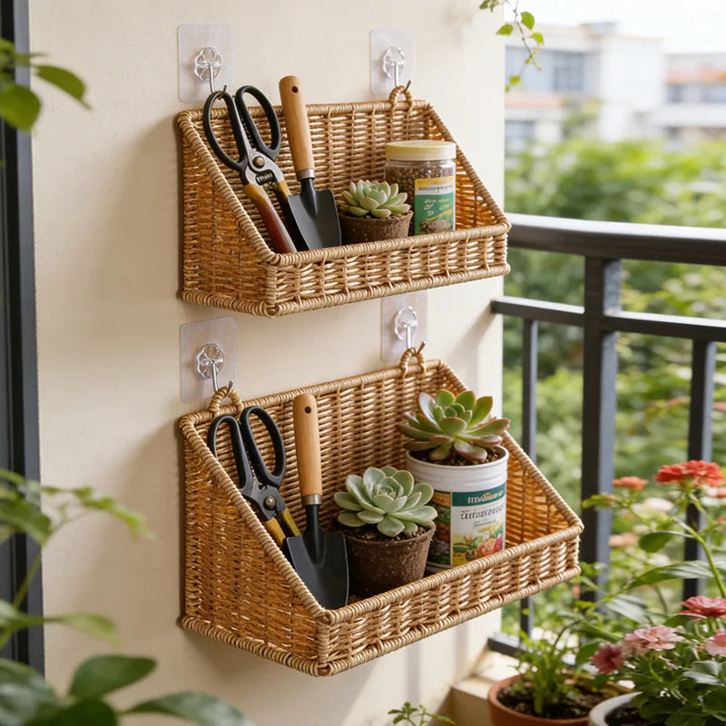Panier mural incliné aspect rotin tressé fixé au mur