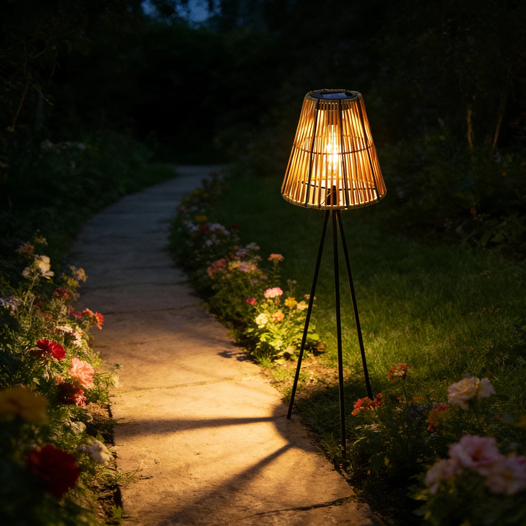 Lampe de jardin solaire en rotin tressé fait main