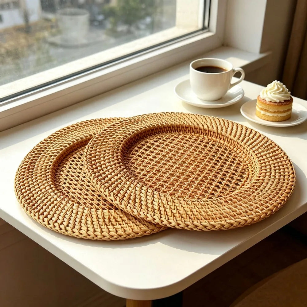 Plateau rond en rotin tressé ajouré 33 cm