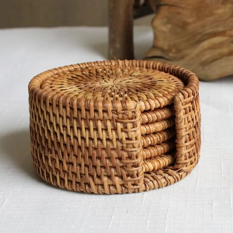 Lot de 6 sous-verres en rotin tressé avec panier de rangement