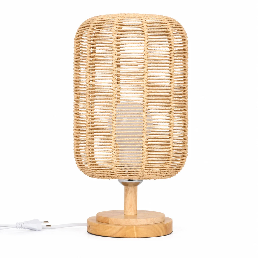 Lampe de chevet en corde tressée et bois massif de style japandi