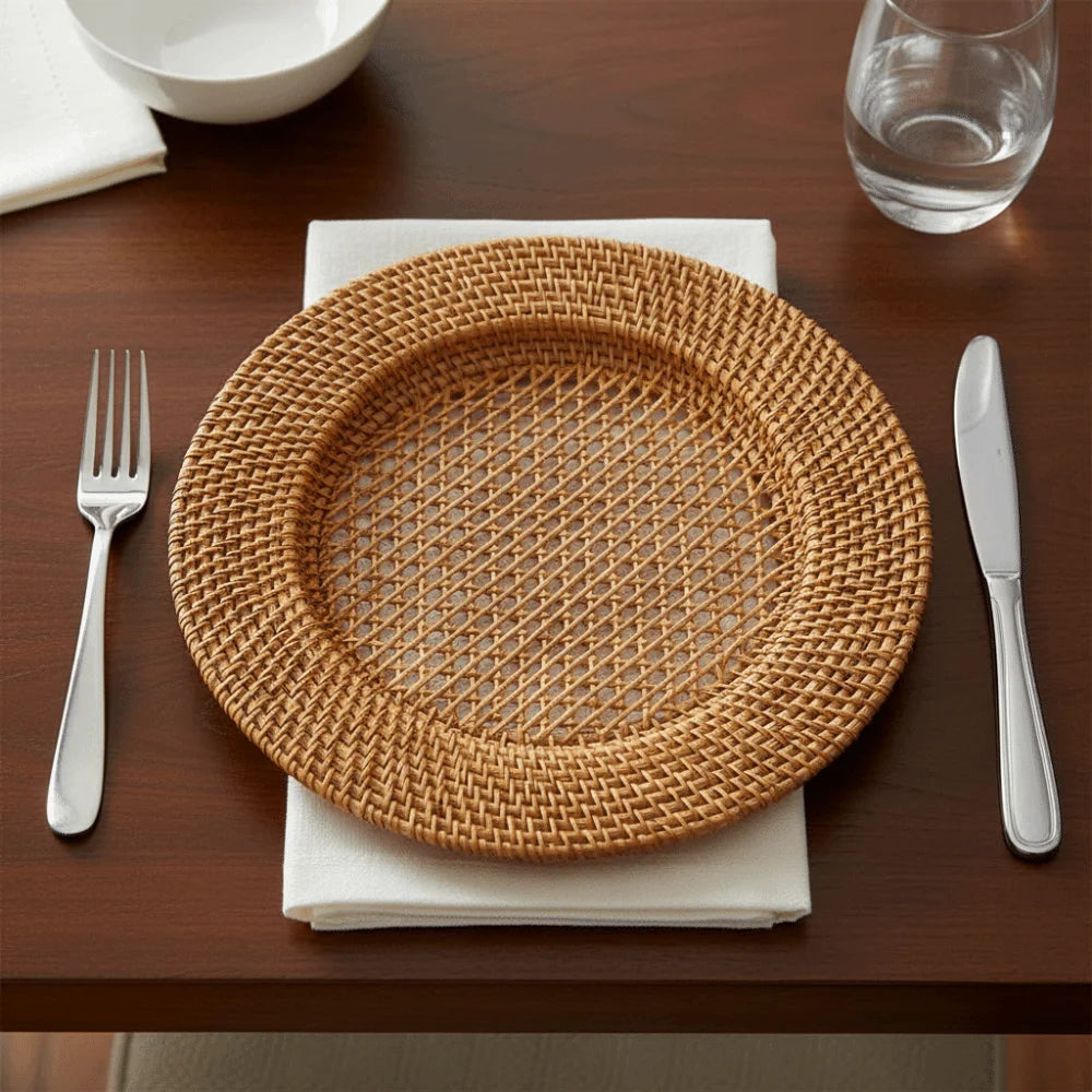 Plateau rond en rotin tressé ajouré 33 cm