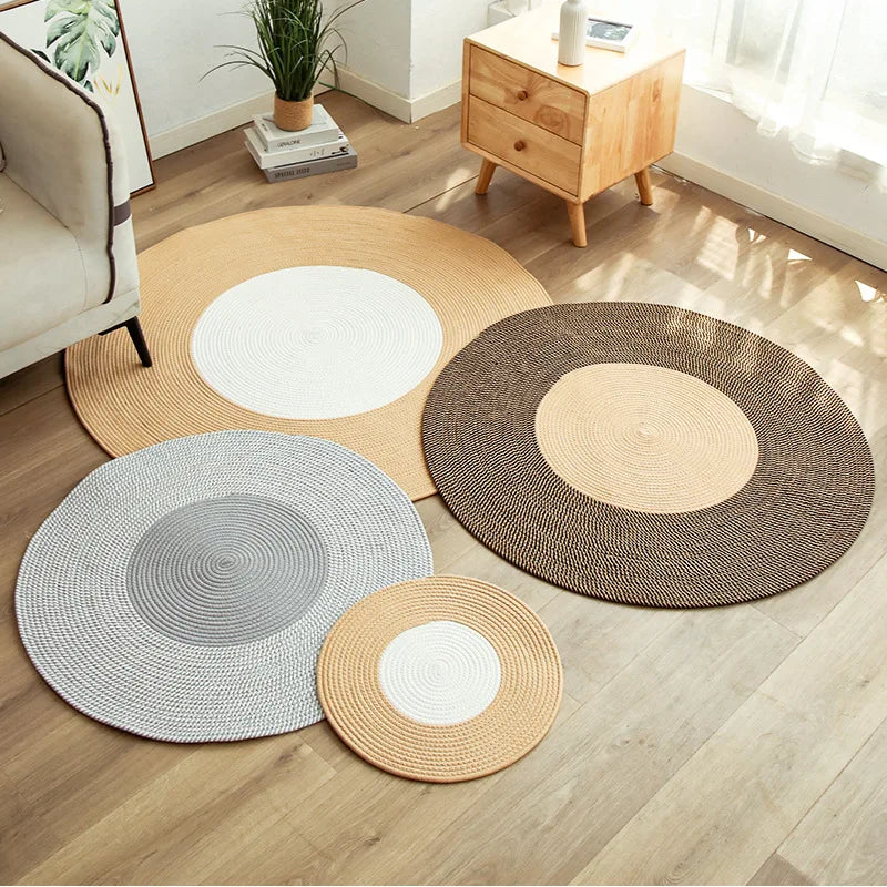 Tapis rond tressé à franges aspect jute