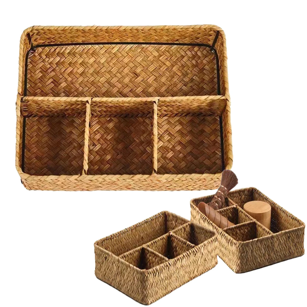 Panier de rangement en jonc de mer tressé à 4 compartiments
