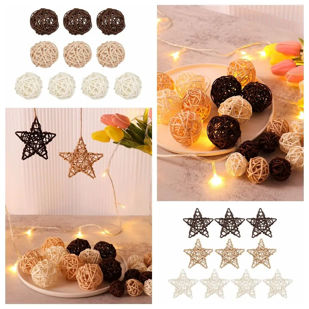 Lot de 10 boules, cœurs et étoiles en rotin tressé