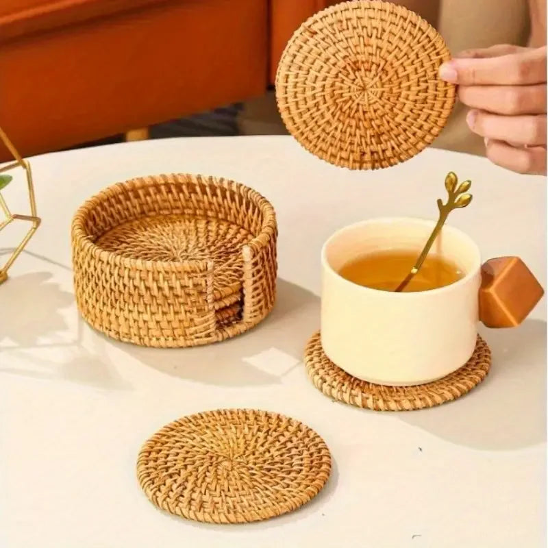 Lot de 6 sous-verres en rotin tressé avec panier de rangement