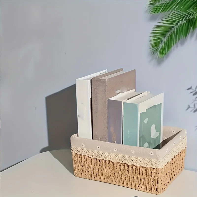 Panier de rangement en rotin tressé avec doublure dentelle amovible